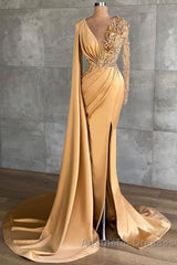 Charming Long Sleeves V-Neck Mermaid Long Evening Dresses With Side Train