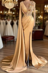 Charming Long Sleeves V-Neck Mermaid Long Evening Dresses With Side Train