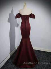 Charming Maroon Satin Mermaid Off Shoulder Evening Prom Dresses, Maroon Party Dresses