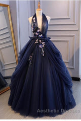 Charming Navy Blue Halter Tulle Party Dresses With Flower Applique, Blue Gown