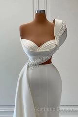 Charming One Shoulder Mermaid Sleeveless Asymmetrical Stretch Satin Evening Prom Dresses