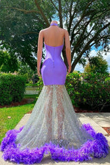 Charming Purple Long Mermaid Halter Satin Tulle Evening Prom Dresses