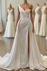 Charming White Long Mermaid One Shoulder Satin Beading Formal Evening Prom Dresses