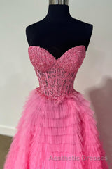 Yellow Lace-Up Floral Multi-Layers Strapless A-line Long Evening Prom Dresses
