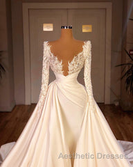 Chic A-Line Cathedral V-Neck Long Wedding Dresses With Long Sleeves