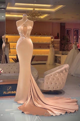 Chic Champagne Sleeveless Mermaid Prom Dresses Long Evening Gowns
