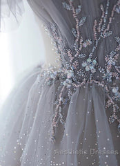 Chic Grey Beaded Layers Tulle Long Formal Dresses, Grey Off Shoulder Evening Prom Dresses