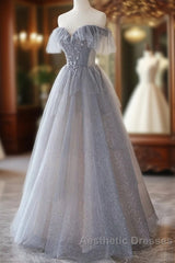 Chic Grey Beaded Layers Tulle Long Formal Dresses, Grey Off Shoulder Evening Prom Dresses