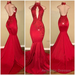 Chic Halter Mermaid Prom Party GownsLong With Lace Appliques