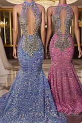 Chic Halter Sleeveless Mermaid Evening Prom Dresses With Beading