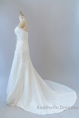 Chic Long Sheath Strapless Ruffle Lace Wedding Dresses