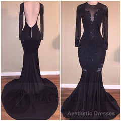 Chic Mermaid Black Long-Sleeves Backless Appliques Prom Party Gowns