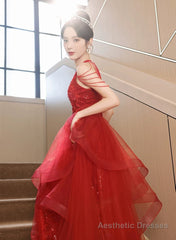Chic Red Tulle Halter A-Line Long Evening Dress, Tulle Prom Dress Party Dress