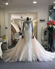 Classic Collar Long Sleeves Floral Pattern Mermaid Wedding Dresses Detachable Sweep Train