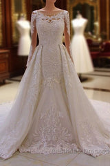 Classic Jewel Long Sleevess Tulle Lace Sparkle Ivory Wedding Dresses