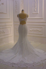 Classic Sleeveless Lace V neck Column White Court Train Wedding Dresses