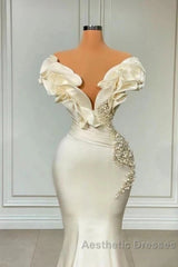 Classic White Mermaid V-Neck Satin Pearl Ruffle Long Evening Prom Dresses Elegant Evening Dresses