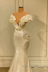 Classic White Mermaid V-Neck Satin Pearl Ruffle Long Evening Prom Dresses Elegant Evening Dresses