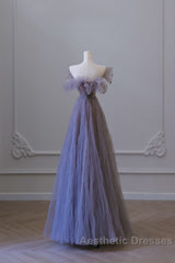 Classy A Line Off The Shoulder Lilac Tulle Long Evening Dresses Evening Prom Dresses