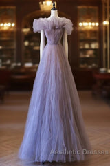 Classy A Line Off The Shoulder Lilac Tulle Long Evening Dresses Evening Prom Dresses