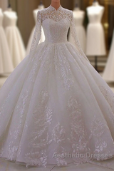 Classy Long A-line High Neck Appliques Lace Pearl Sequins Ruffles Wedding Dresses with Sleeves