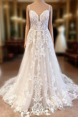 Classy Long A-Line Tulle Spaghetti Straps Appliques Lace Backless Wedding Dresses