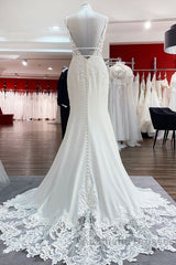 Classy Long Mermaid V-neck Satin Open Back Wedding Dresses with Lace Appliques