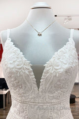 Classy Long Mermaid V-neck Satin Open Back Wedding Dresses with Lace Appliques