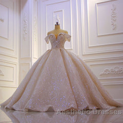 Classy Long Off the Shoulder Sequin Beading Satin Ball Gown Wedding Dresses