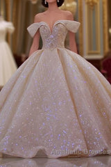 Classy Long Off the Shoulder Sequin Beading Satin Ball Gown Wedding Dresses