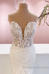 Classy Long Sweetheart Backless Mermaid Wedding Dresses With Appliques Lace