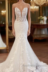 Classy Long Sweetheart Backless Mermaid Wedding Dresses With Appliques Lace