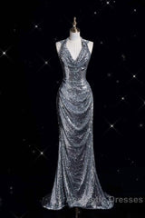 Classy Mermaid Halter Silver Sequin Long Evening Dresses Sexy Evening Prom Dresses