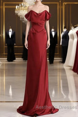 Classy Mermaid Off The Shoulder Red Satin Long Evening Gowns Evening Prom Dresses