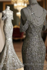 Classy Mermaid Off The Shoulder Silver Sequin Long Party Dresses Evening Prom Dresses