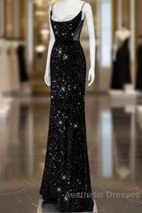 Classy Mermaid Spaghetti Straps Black Sequin Slit Long Evening Gowns Evening Prom Dresses