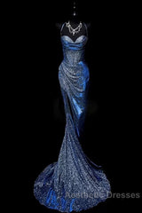Classy Mermaid Spaghetti Straps Navy Blue Sequin Long Evening Gowns Evening Prom Dresses