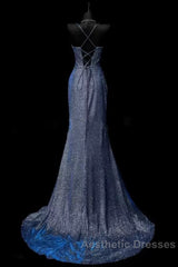 Classy Mermaid Spaghetti Straps Navy Blue Sequin Long Evening Gowns Evening Prom Dresses