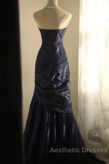 Classy Mermaid Strapless Navy Blue Organza Long Evening Gowns Evening Prom Dresses