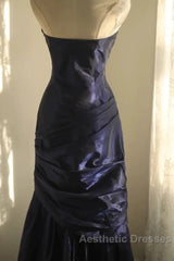 Classy Mermaid Strapless Navy Blue Organza Long Evening Gowns Evening Prom Dresses