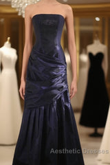 Classy Mermaid Strapless Navy Blue Organza Long Evening Gowns Evening Prom Dresses