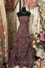 Classy Mermaid Strapless Ruffles Long Evening Dresses Evening Prom Dresses