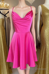 Cowl Neck Short Pink Evening Prom Dresses, Short Pink Graduation Homecoming Dresses