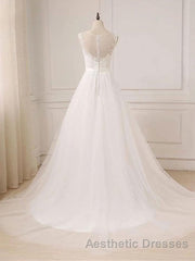 Custom Made A Line Round Neck Lace Tulle White Long Evening Prom Dresses, White Lace Formal Dresses, White Evening Dresses
