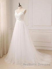 Custom Made A Line Round Neck Lace Tulle White Long Evening Prom Dresses, White Lace Formal Dresses, White Evening Dresses