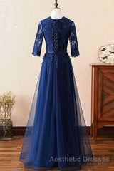 Custom Made Long Sleeves Navy Blue Lace Evening Prom Dresses, Long Sleeves Lace Bridesmaid Dresses, Long Sleeves Navy Blue Lace Formal Graduation Evening Dresses