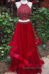 Custom Made Red Two Pieces Sequin Long Evening Prom Dresses, Evening Dresses