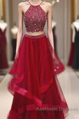 Custom Made Red Two Pieces Sequin Long Evening Prom Dresses, Evening Dresses
