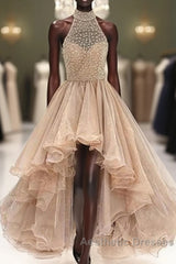 Custom Made Round Neck High Low Champagne Evening Prom Dresses, High Low Formal Dresses
