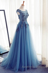 Custom Made Round Neck Sleeveless Lace Evening Prom Dresses, Blue Lace Formal Dresses